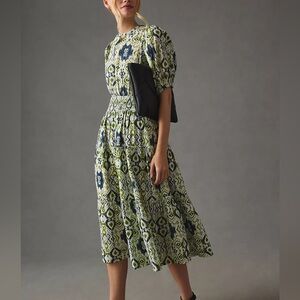 The Odells Bailey Smocked Puff-Sleeve Dress In Army Multi Size S